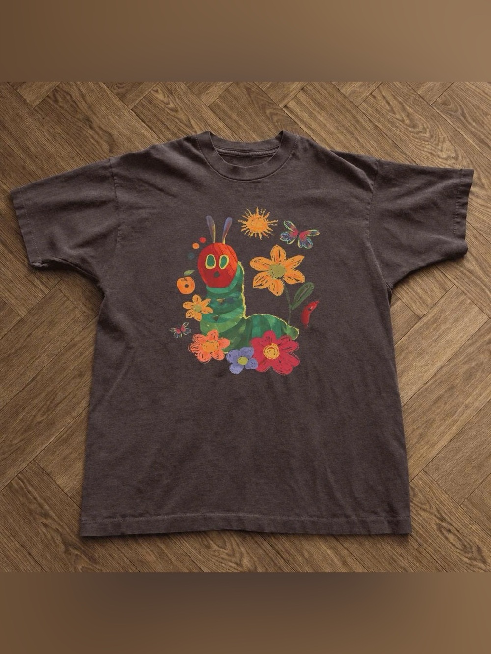 Brown Graphic T-Shirt with Colorful Caterpillar Print
